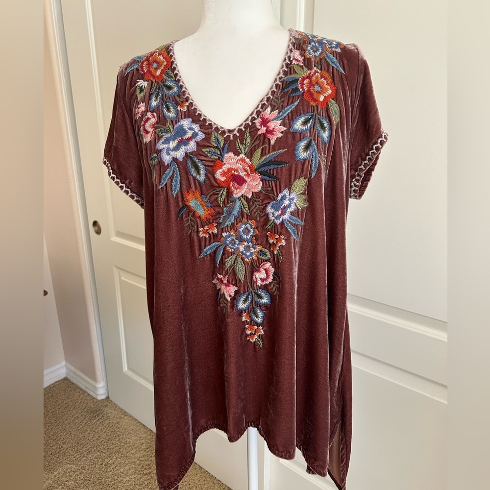 Johnny Was Embroidered Velvet Floral Top